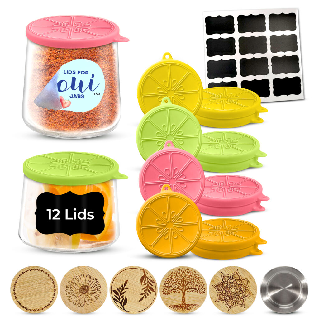 Citrus color silicone Lids on petite and regular size Oui Jar s with Charcoal Labels. Other variations - bamboo with Leaf Ring, Aster Flower, 2 Branches, Tree of Life, and Mandala Designs, and Stainless Steel - on the bottom