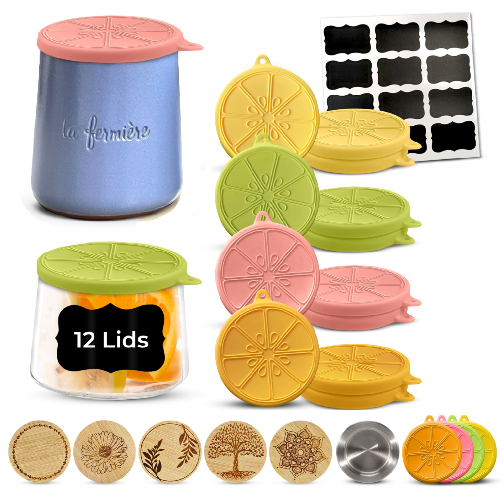 La Fermiere Jar and Oui Jar with Silicone Lids on them and other color silicone lids shown, 12 charcoal sticker labels; on the bottom 5 bamboo lid variations (Leaf Ring, Tree of Life, 2 Branches, Aster Flower, Mandala, and Stainless Steel